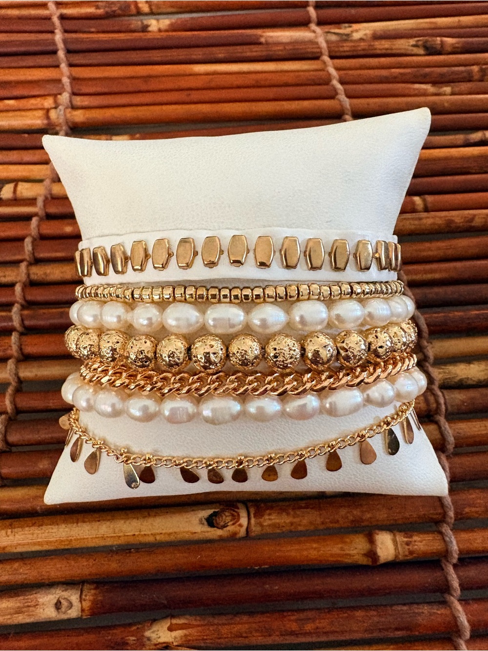 Victoria Emerson Gold and White Pearl Stacked Bracelet Set Magnetic Closure